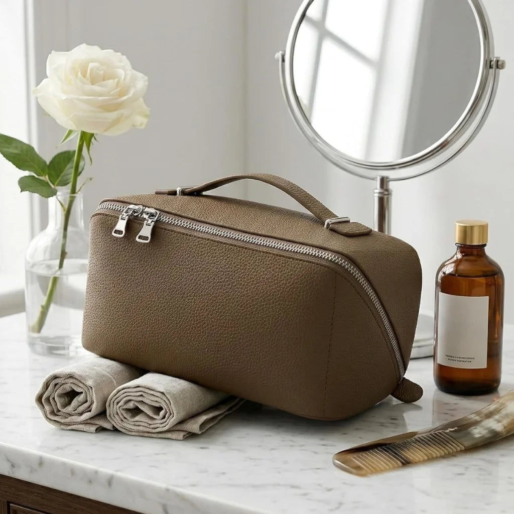 Title Large Lychee Texture PU Leather Travel Makeup Bag with TPU Brush Compartment